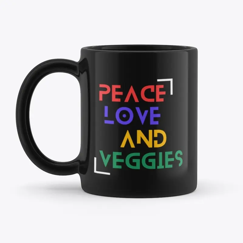 Peace, Love And Veggies Black Coffee Mug